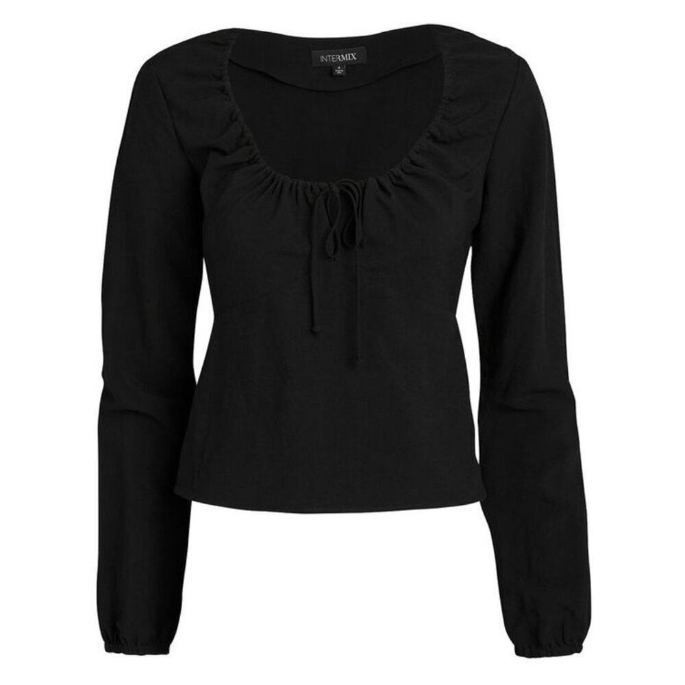 Intermix linen Lace Up Top black long sleeve shirt tie front blouse sz 6 MEDIUM - Picture 2 of 9